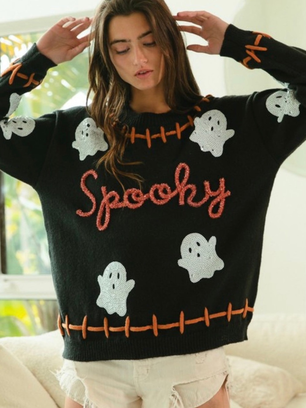 BiBi Black 'Spooky' Ghost Crewneck Sweater with Orange Stitching - Picture 4 of 4